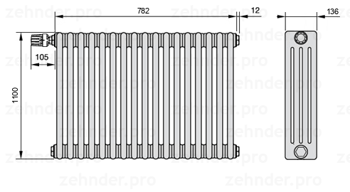 Схема (чертеж) Радиатор Zehnder Charleston 4110/17 №V011 Белый глянцевый RAL 9016